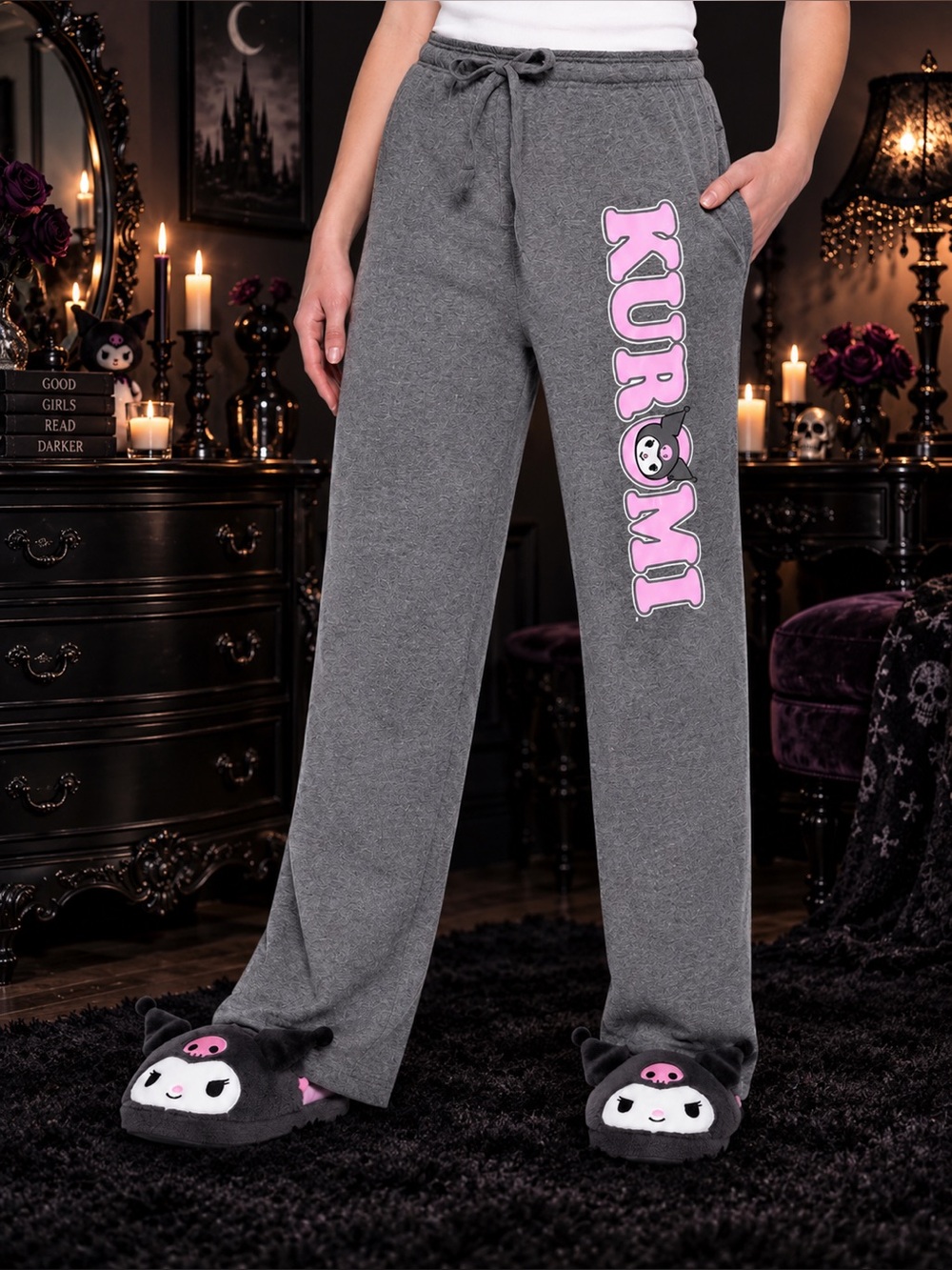 Kuromi Gray Logo Pajama Pants Lounge Sleep Pants Drawstring Pockets NWT